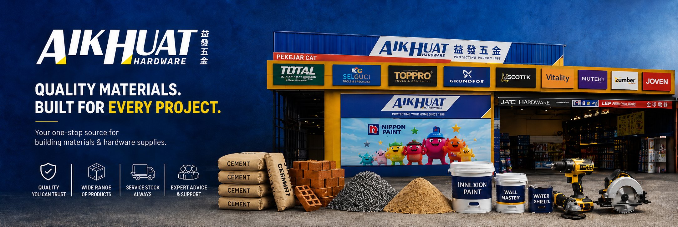 Aik Huat Hardware storefront - Quality Materials. Built for Every Project. Your one-stop source for building materials and hardware supplies.